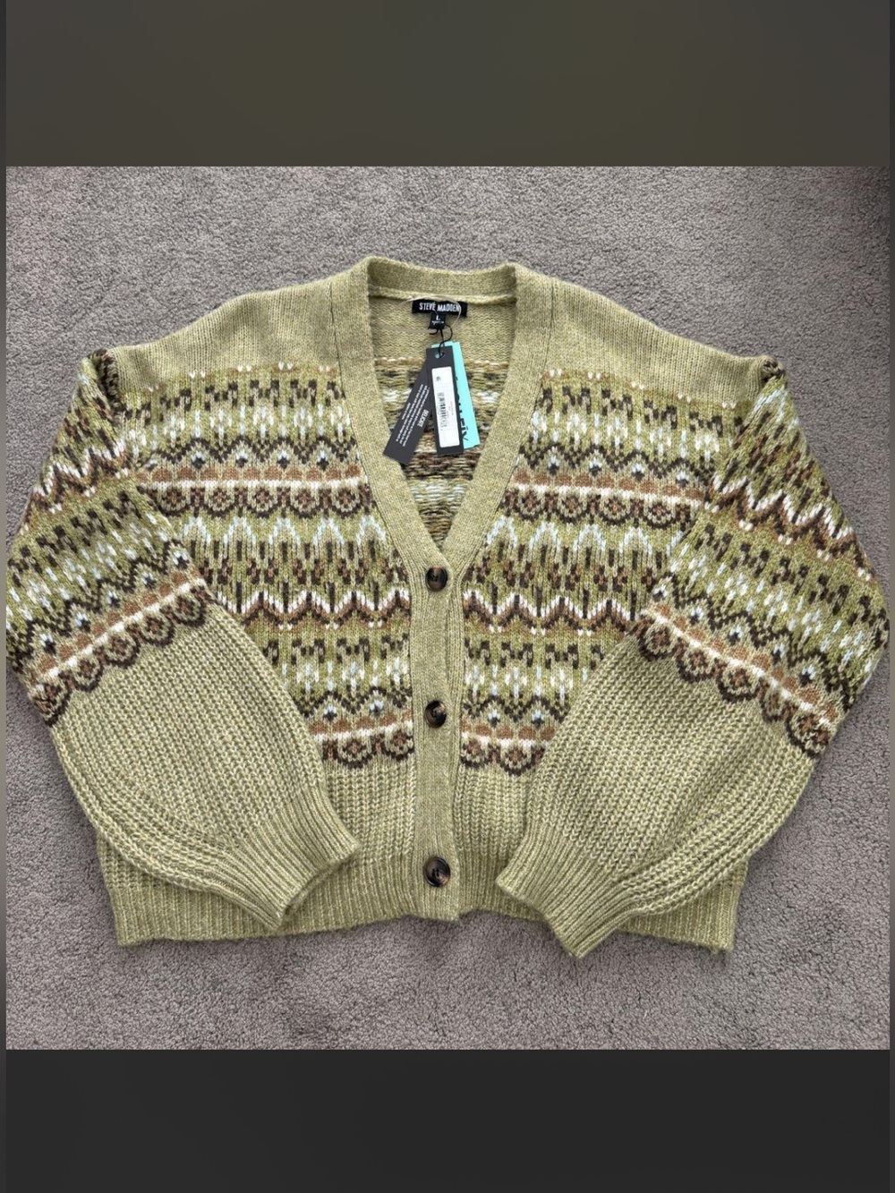 Steve Madden Olive Green Fair Isle Button-Front Cardigan